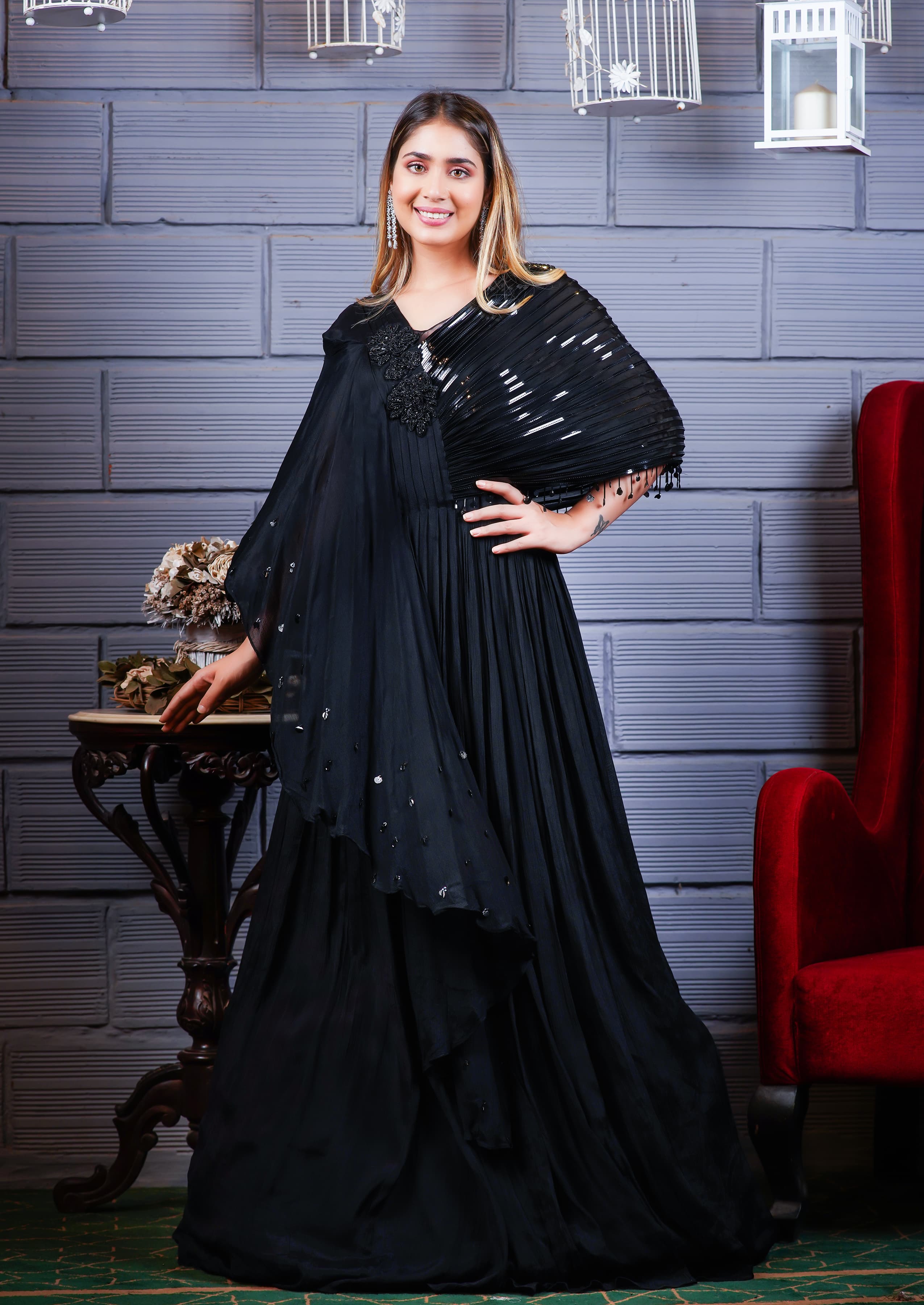 Drenusha Xharra drape dress in black with a cape – like style – Stylish AP